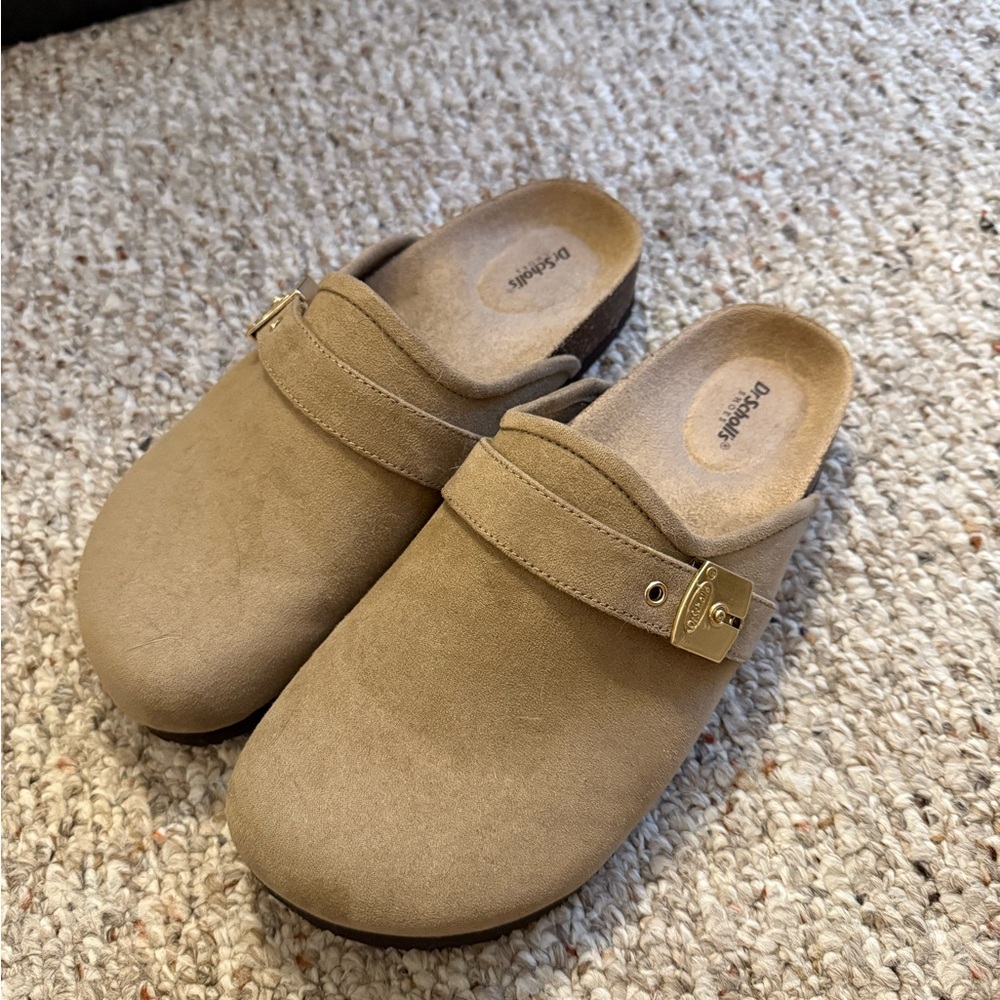 Dr. Scholl's Beige Mules with Gold Buckle